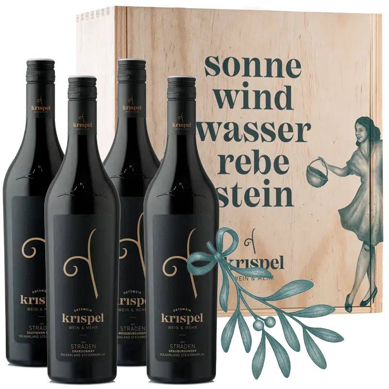 Ortsweinpaket vom Weingut Krispel vor der Geschenksbox.