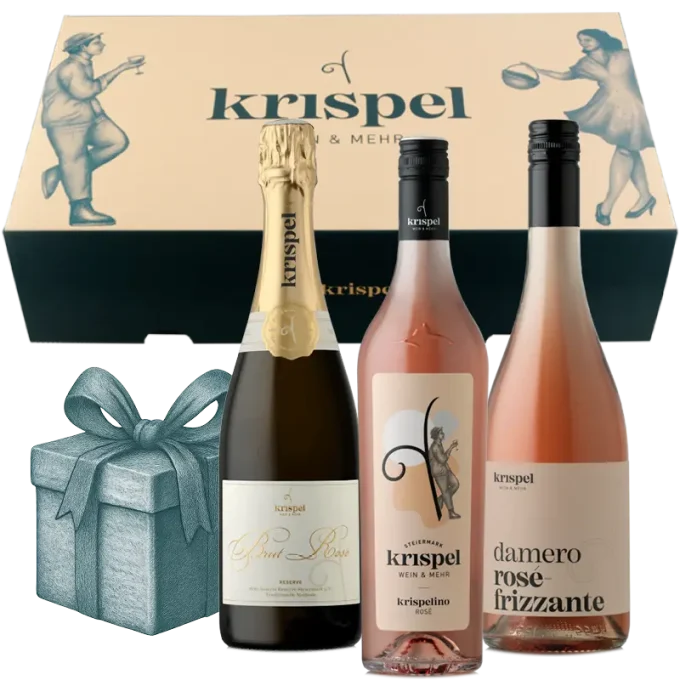 3er Rosé Paket vom Weingut Krispel vor der Geschenksbox.
