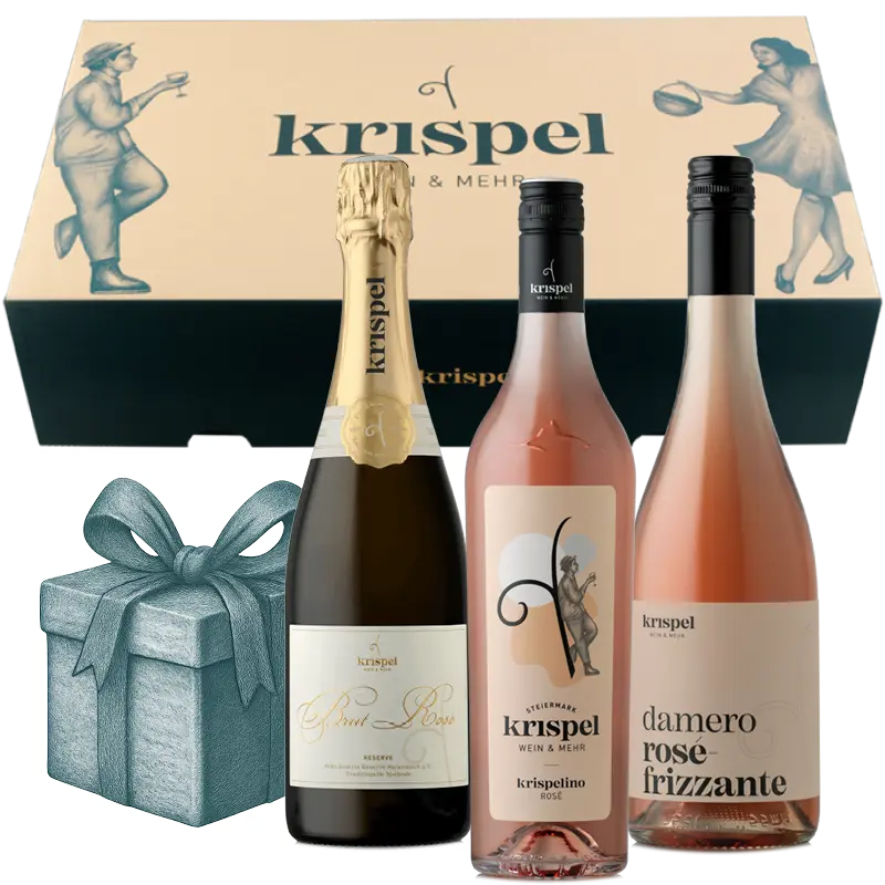 3er Rosé Paket vom Weingut Krispel vor der Geschenksbox.