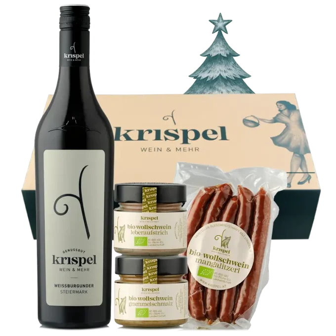 2er Paket mit Weißburgunder vom Weingut Krispel vor der Geschneksbox.