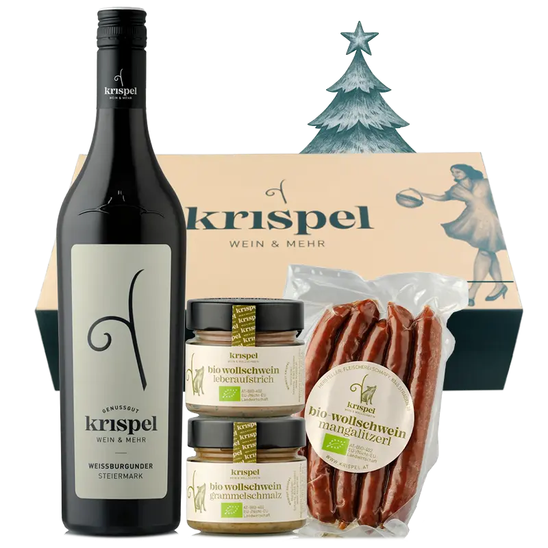 2er Paket mit Weißburgunder vom Weingut Krispel vor der Geschneksbox.