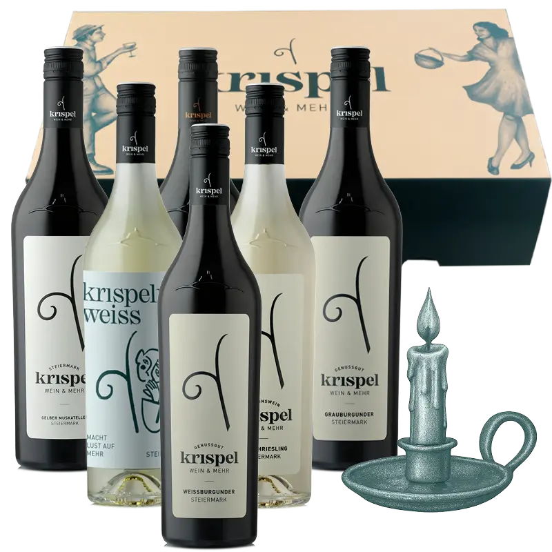 Regionsweinpaket vom Weingut Krispel vor der Geschenksbox.