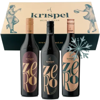 Zero, alkoholfreier Wein von Krispel, vor Geschenkbox.