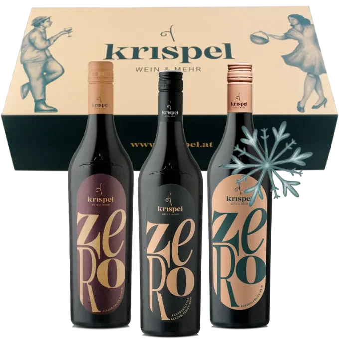 Zero, alkoholfreier Wein von Krispel, vor Geschenkbox.