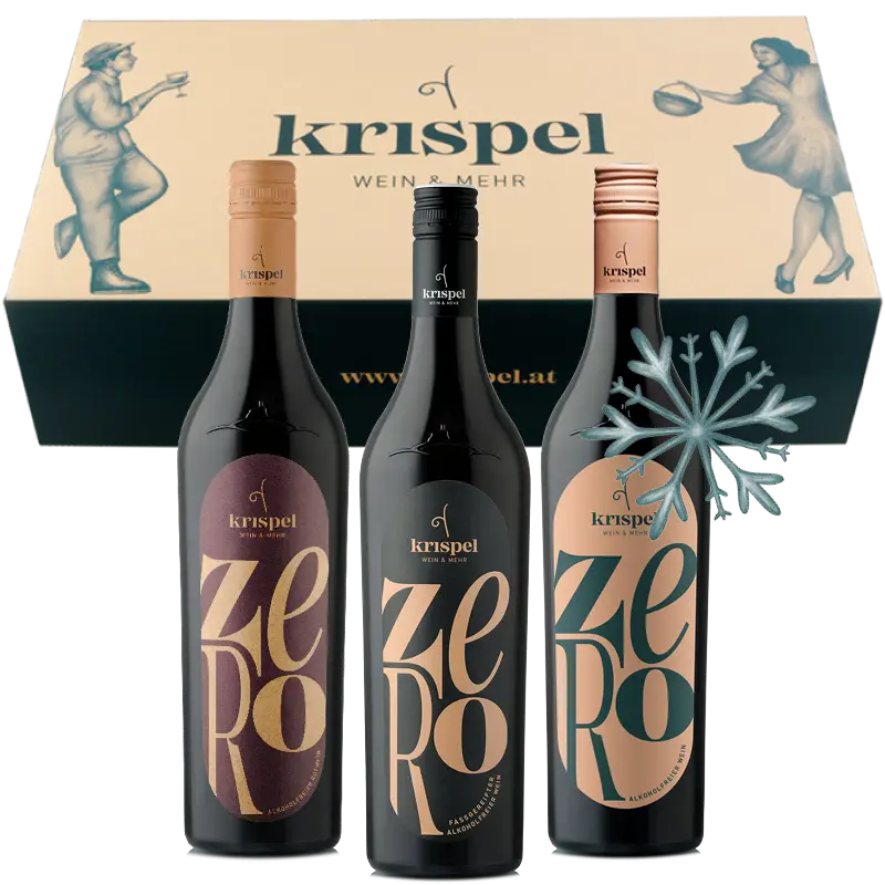 Zero, alkoholfreier Wein von Krispel, vor Geschenkbox.